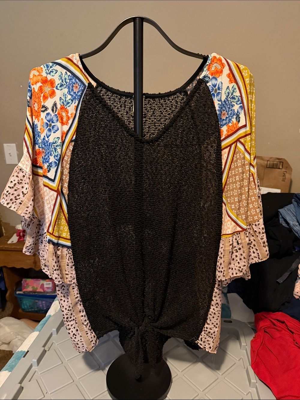Women’s Black Knit Top with Floral Patchwork Sleeves
